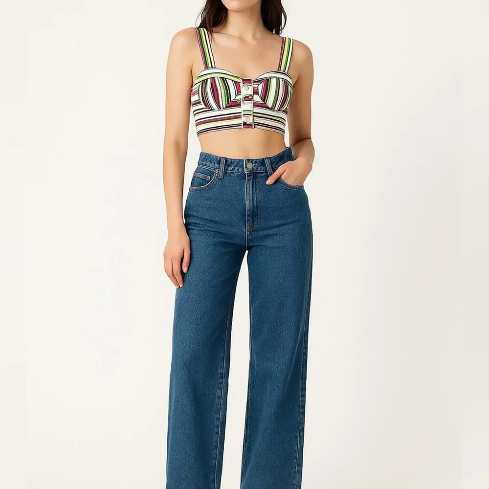 VINTAGE GITANO Multi Color Striped Cotton Bustier Top | S | 80s Retro Streetwear - Picture 2 of 13